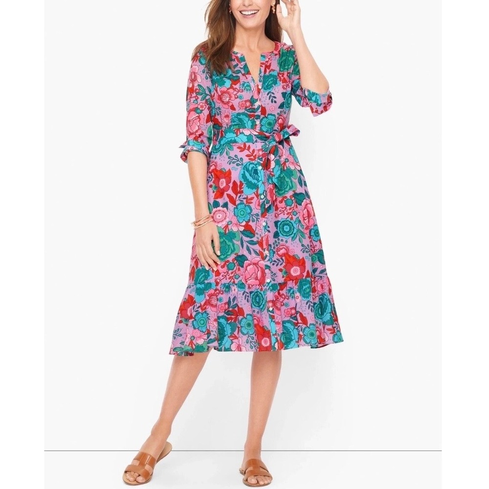 Talbots Pink Floral Cotton Button Front Tiered Midi Dress Womens 8 CN2806 10/21